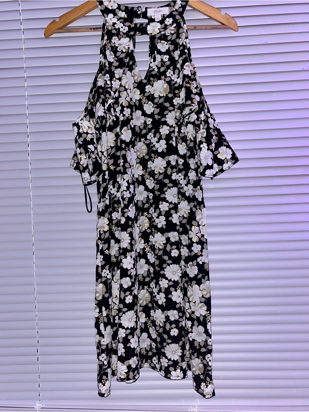 Candie's Black Floral Halter Dress with Cream and Gold Accents